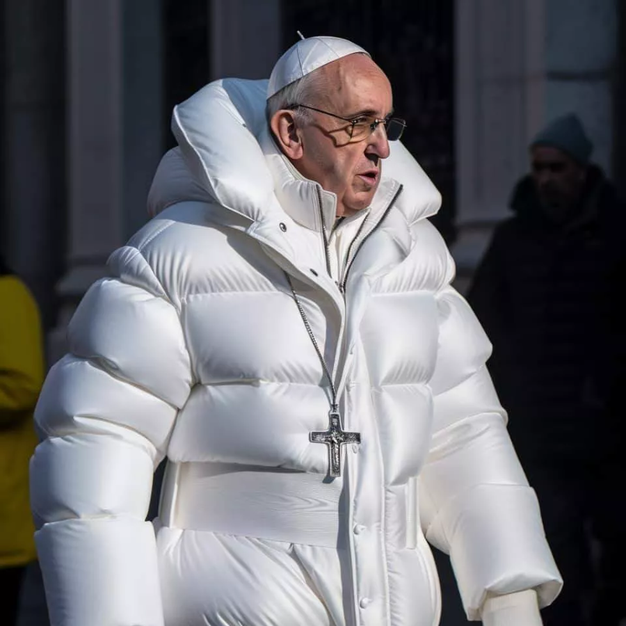 Imagem de papa com roupa fashion foi feita por Inteligência